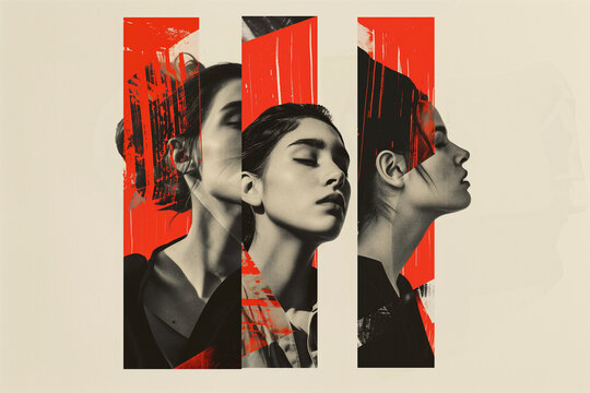 Abstract triple portrait with striking red accents. Generative AI image