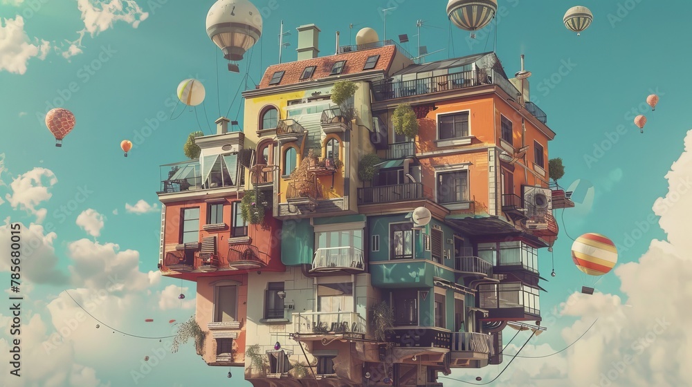 Poster surreal 3d building with floating objects ai generated illustration