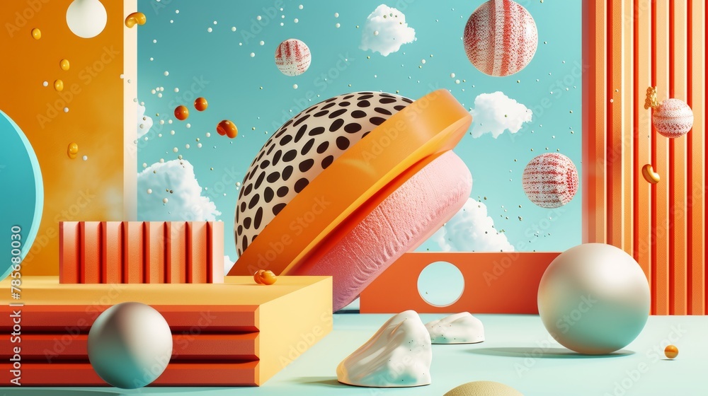 Poster surreal 3d composition featuring flying objects in a modern memphis style ai generated illustration