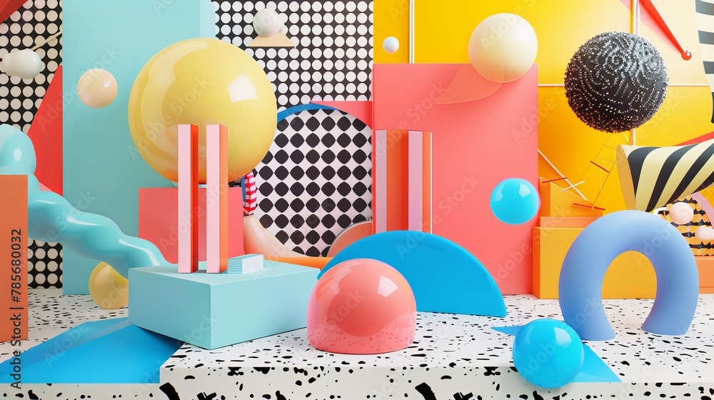 Poster surreal 3d composition featuring flying objects in a modern memphis style ai generated illustration
