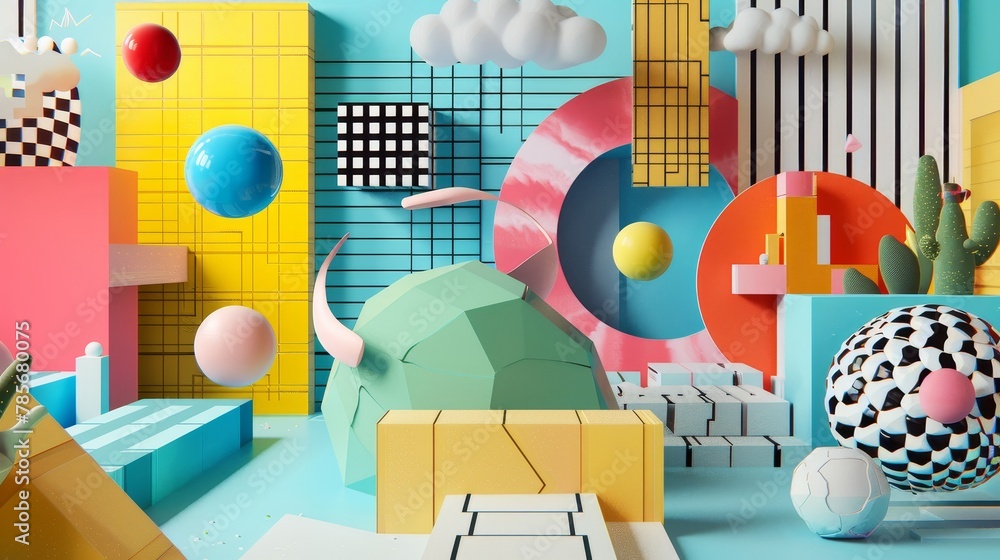 Poster surreal 3d composition featuring flying objects in a modern memphis style ai generated illustration