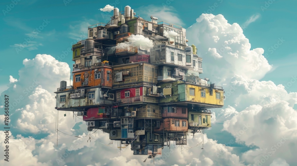 Poster surreal 3d building with floating objects ai generated illustration