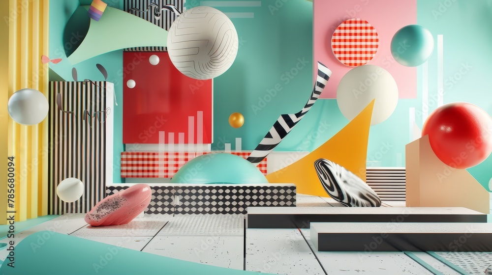 Aufkleber surreal 3d composition featuring flying objects in a modern memphis style ai generated illustration