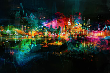 A colorful cityscape with a reflection of the city in the water. Scene is vibrant and lively