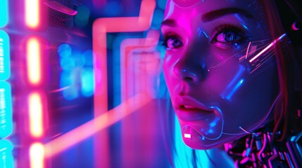 cyber robot girl on cyberpunk background