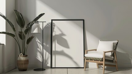 Minimalist interior with empty black frame on the wall, white walls, sofa and lamp, and plants in modern style. The composition is centered around an empty picture frame.
