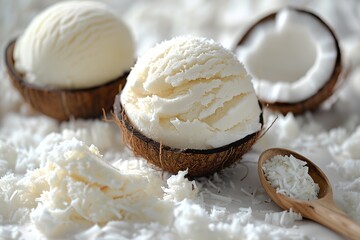 Coconut ice cream, bowl of ice cream is sitting on top of a coconut shell