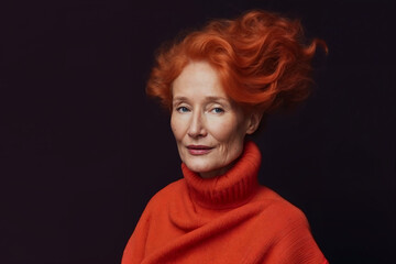 Elegant senior woman with vibrant orange hair and sweater. Generative AI image