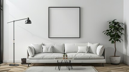 Minimalist interior with empty black frame on the wall, white walls, sofa and lamp, and plants in modern style. The composition is centered around an empty picture frame.