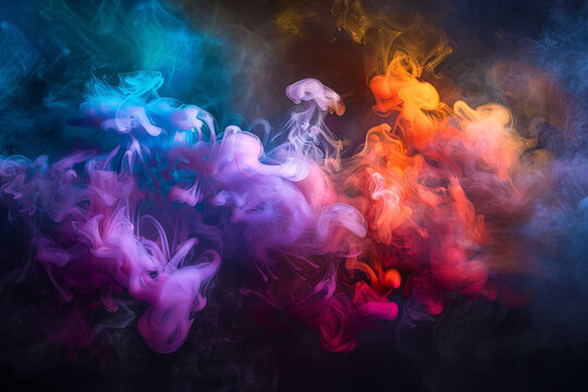 A colorful cloud of smoke with purple, blue, and orange hues. The smoke is billowing and swirling, creating a dynamic and energetic atmosphere