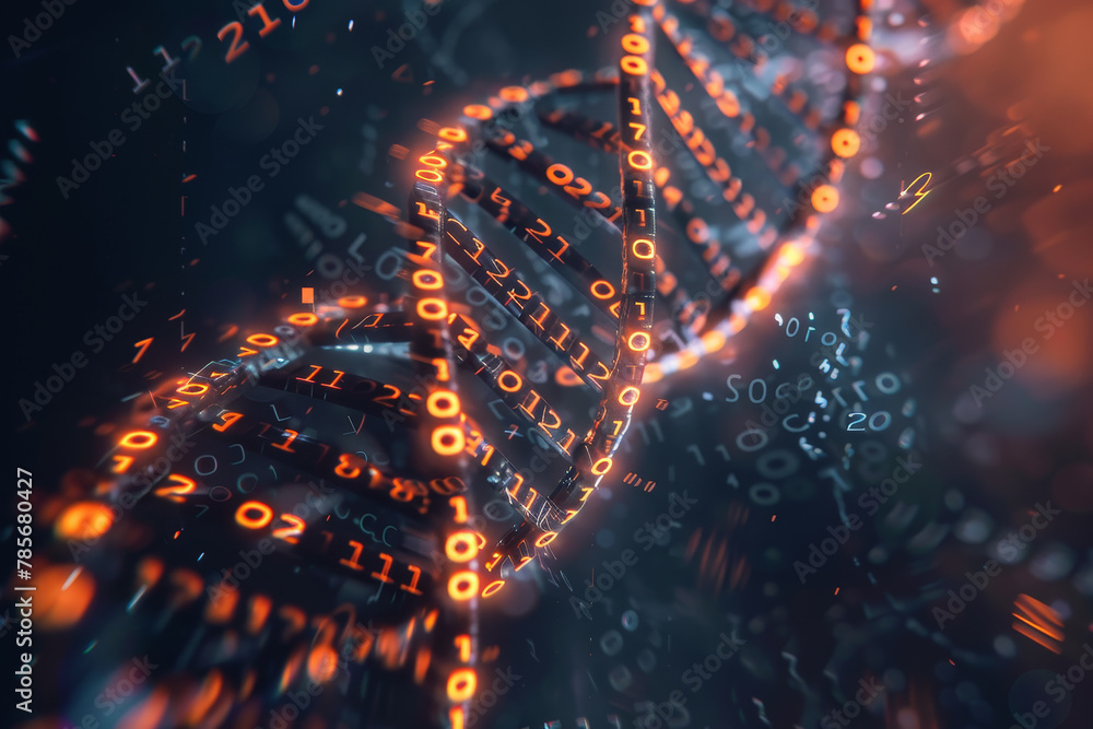 Poster a dna strand is shown in a computer generated image with a lot of numbers and letters. the image has