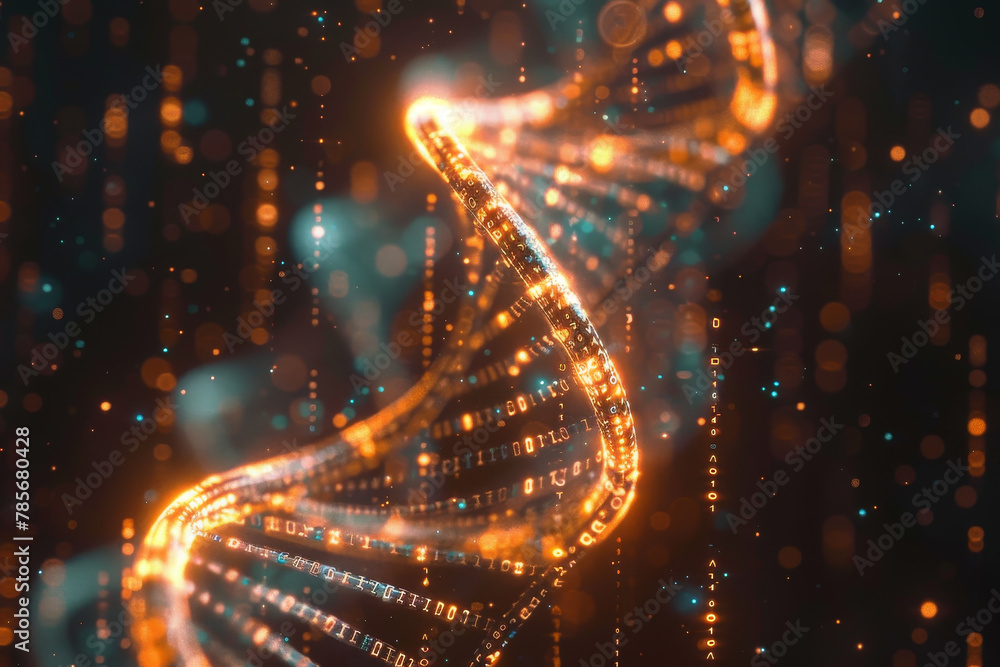 Poster a glowing dna strand with a series of numbers and letters. concept of mystery and complexity, as the