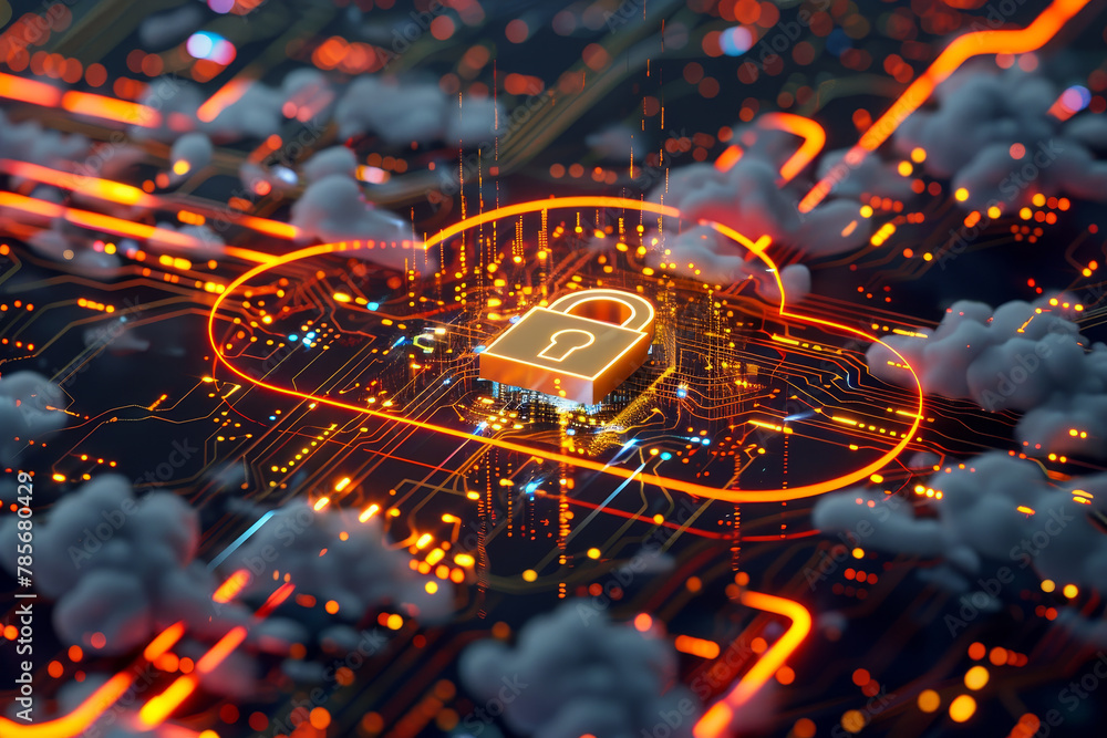 Poster a computer chip with a key on it. the chip is surrounded by a cloud of light. concept of security an