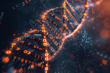 A DNA strand is shown in a computer generated image with a lot of numbers and letters. The image has a futuristic and scientific feel to it, with the DNA strand being the main focus - obrazy, fototapety, plakaty