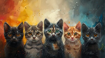 Watercolor Painting of Cute Cats in Primitivist Style with Warm Colors Generative AI