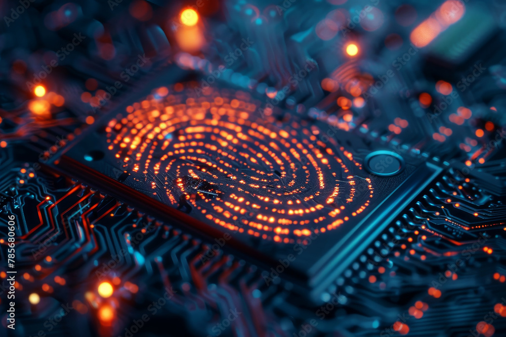 Poster a computer chip with a fingerprint on it. concept of technology and security