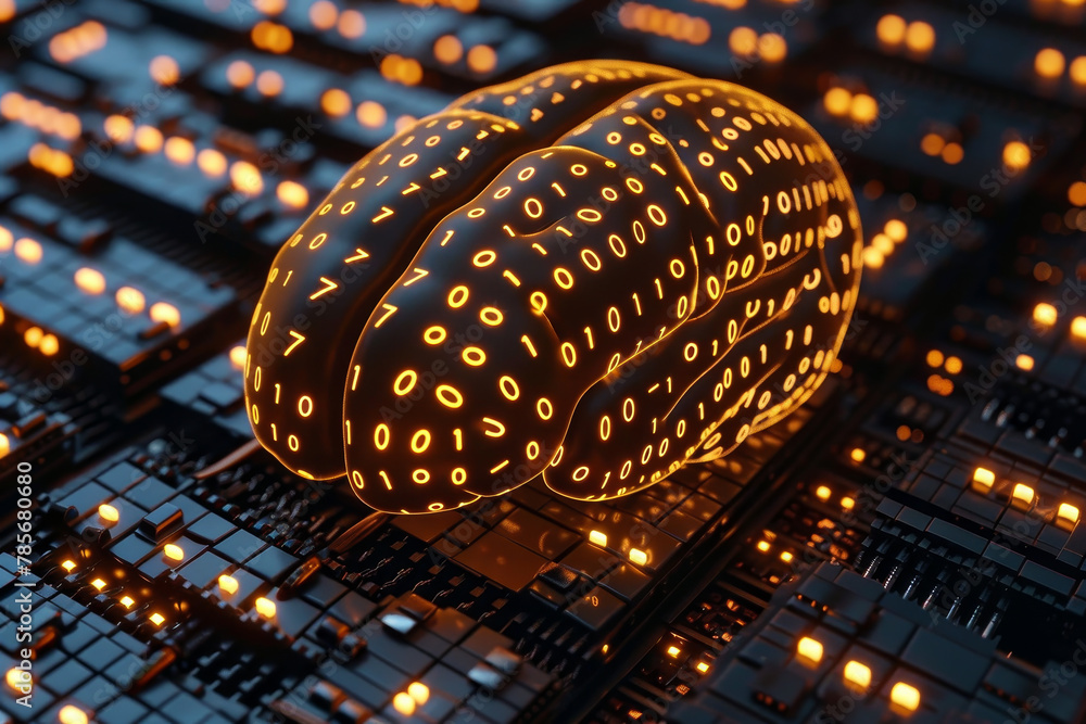 Poster a brain with a red and blue color scheme. the brain is surrounded by a stream of binary code