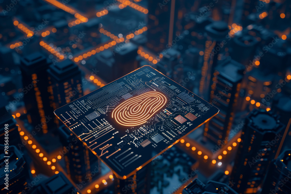 Poster a computer chip with a fingerprint on it is shown in a city at night. concept of technology and urba