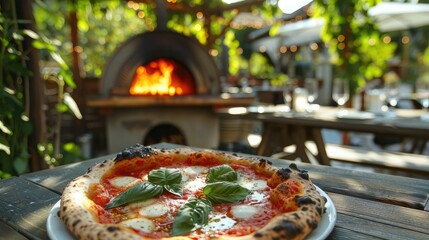 Outdoor wood fired pizza oven with freshly baked Neapolitan style cheese and basil pizza on the table in front, blurred garden background. Pizza grilled on coals in the oven