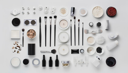 set of cosmetics on a white table on a white background top view
