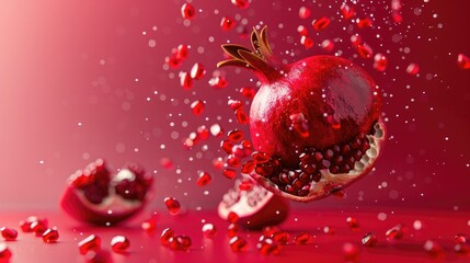 Falling pomegranate, several pieces on a red background, with fresh and bright tones, studio lighting. The whole scene is filled with the sweet aroma of juicy fruits.