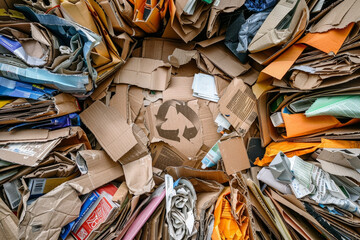 A pile of cardboard boxes with a recycling symbol in the center. The boxes are all different sizes and colors, and they are piled on top of each other - obrazy, fototapety, plakaty