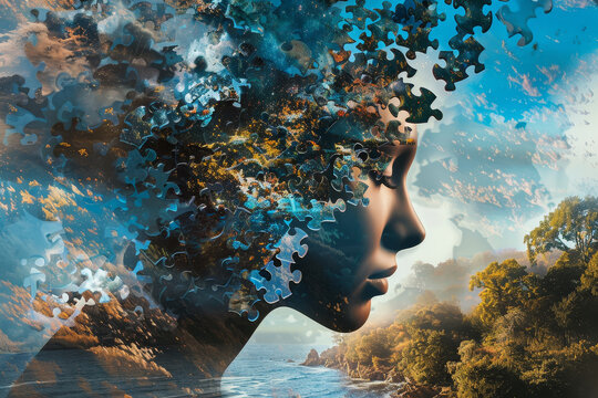 A woman's face is shown in a puzzle form, with the pieces of the puzzle representing the different parts of her face. The image has a dreamy, surreal quality to it