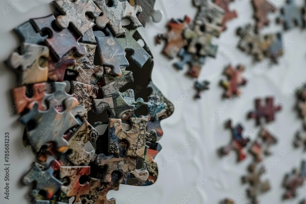 Poster a puzzle of a face is displayed with a white background. the puzzle is made up of many pieces, and t