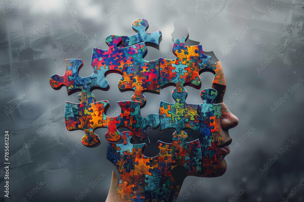 Poster a puzzle of a person's head with a face made of puzzle pieces. scene is mysterious and intriguing