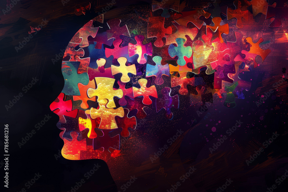 Poster a colorful puzzle of a face with a brain. the puzzle pieces are scattered all over the image, creati