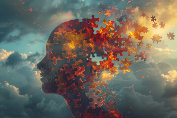 A puzzle of a head with pieces missing, with a cloudy sky in the background. Scene is one of confusion and disarray, as the puzzle pieces represent the scattered thoughts
