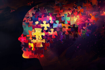 A colorful puzzle of a face with a brain. The puzzle pieces are scattered all over the image, creating a sense of chaos and disarray. The image conveys a feeling of confusion and disorientation
