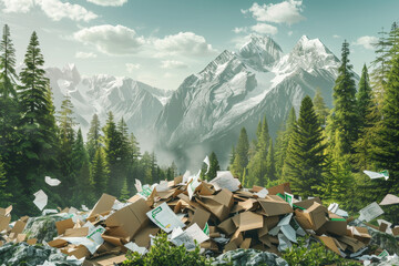A mountain range is in the background with a pile of cardboard boxes in the foreground. Scene is one of waste and destruction, as the cardboard boxes are scattered and piled up