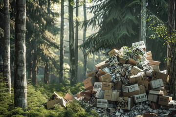 A pile of cardboard boxes is on top of a tree in a forest. The boxes are scattered all over the ground, and some of them are upside down. The scene gives off a feeling of disorganization and chaos - obrazy, fototapety, plakaty