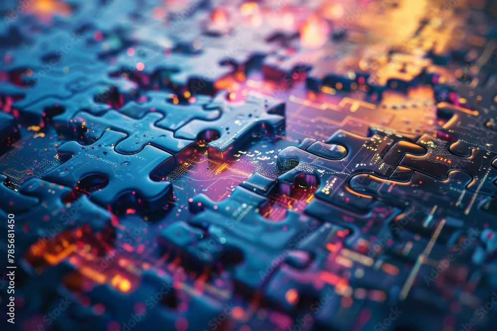 Poster a jigsaw puzzle with a blue background and a colorful design. the puzzle pieces are scattered all ov