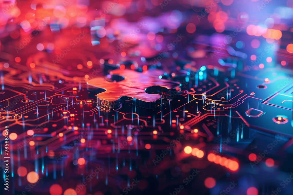 Poster a jigsaw puzzle piece is on a circuit board with a colorful background. the puzzle piece is surround