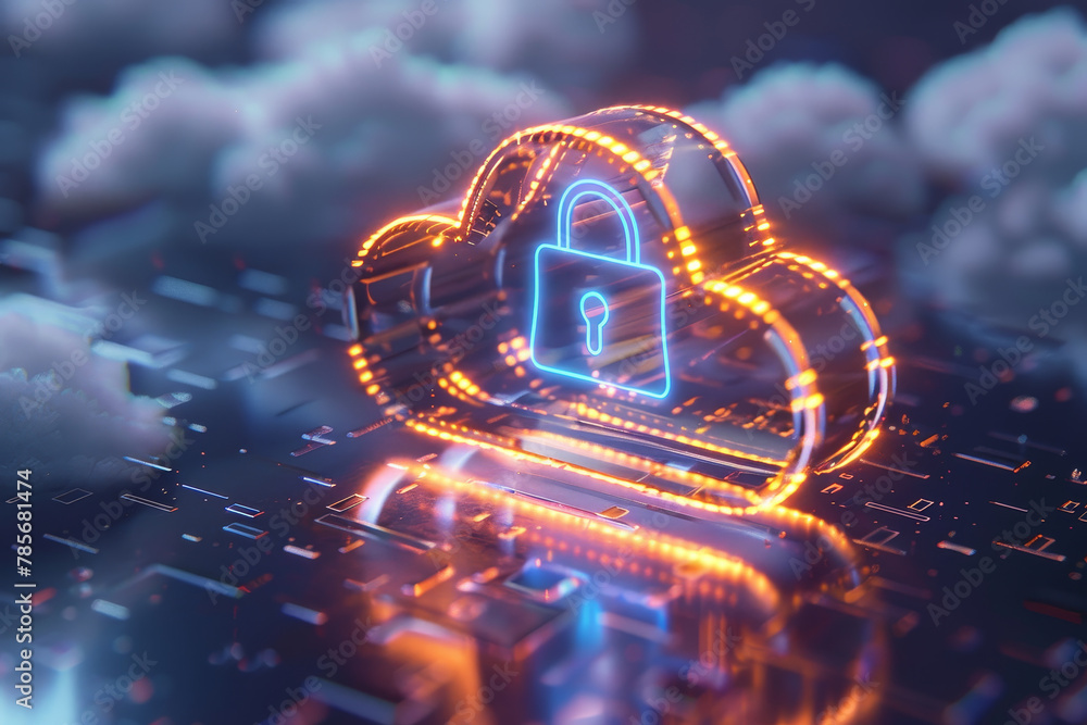 Poster a blue and red cloud with a key on it. the cloud is surrounded by a red and orange background