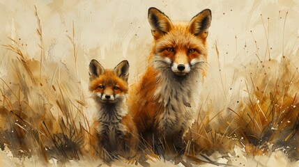 Heartwarming Watercolor Fox Family in Idyllic British Landscape Generative AI