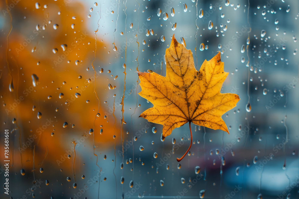 Poster a leaf is on a window sill with raindrops on it. scene is peaceful and calming