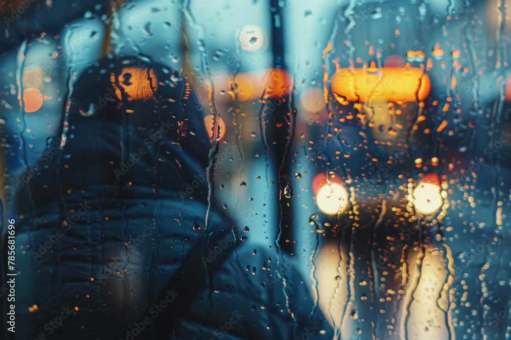 Poster a blurry image of a person and a bus with raindrops on the window. scene is somewhat melancholic and