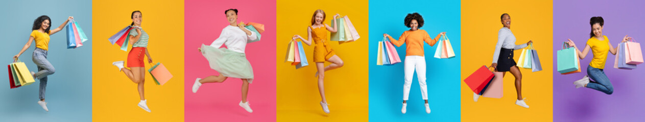 Colorful Collage of Shoppers With Bags Jumping Up, Enjoying Shopping Spree