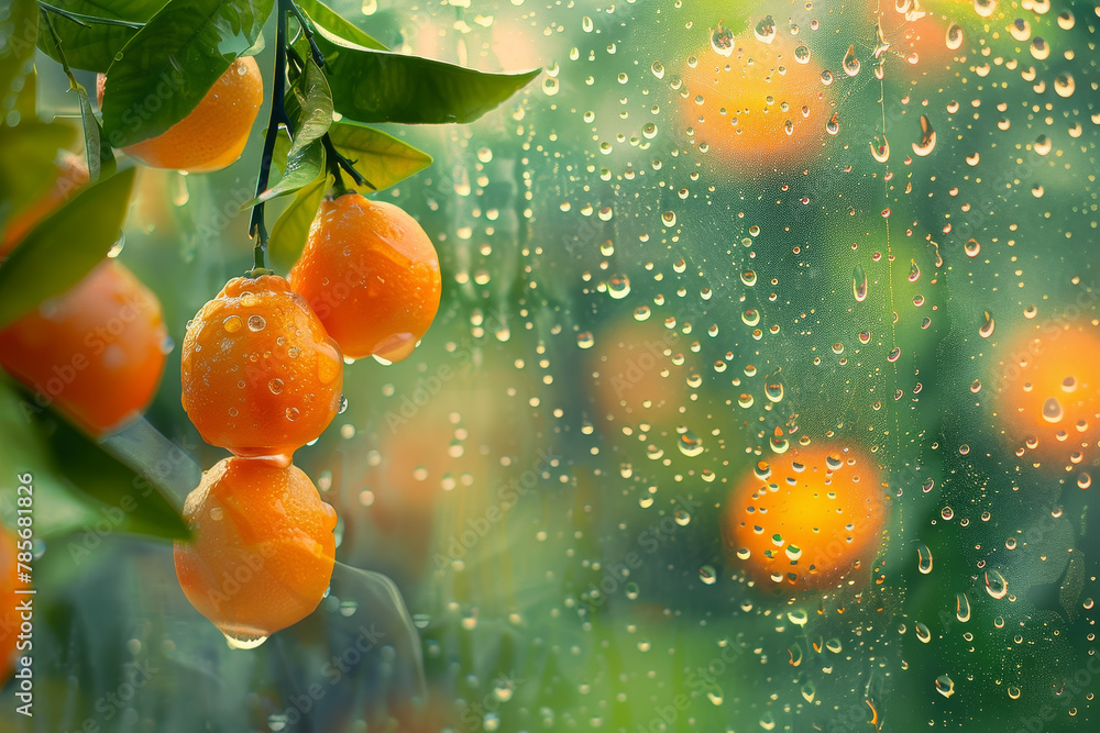 Poster a tree with oranges on it is raining. the oranges are wet and shiny. the rain is falling on the leav