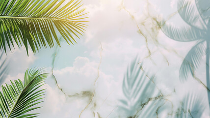 Fototapeta na wymiar White Marble Floor Texture. Palm tree, sky and sun pattern. Interior marble for wall.
