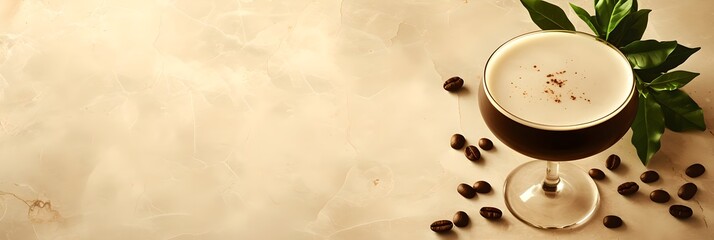 Espresso martini with coffee beans on beige background. Trendy summer drink concept. Refreshing beverage. Design for banner, header with copy space