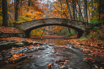 A bridge over a river with leaves on the ground. The bridge is made of stone and is surrounded by trees. The leaves on the ground are orange and brown, giving the scene a warm and peaceful atmosphere - obrazy, fototapety, plakaty
