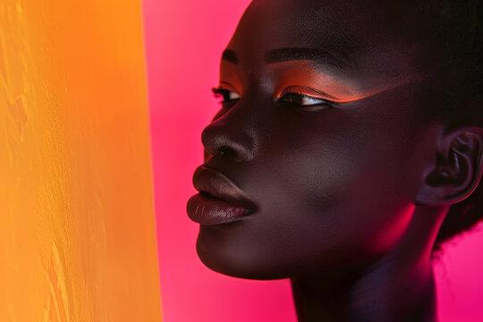 A woman with a black face and orange background. The woman is wearing makeup and has a bold look