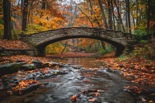 A bridge over a river with leaves on the ground. The bridge is made of stone and is surrounded by trees. The leaves on the ground are orange and brown, giving the scene a warm and peaceful atmosphere