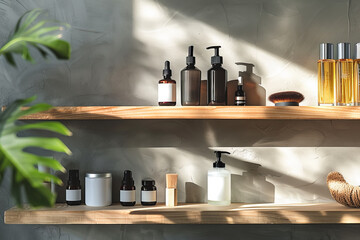 A shelf full of various beauty products, including lotions, creams, and sprays. The products are arranged in a way that makes them easy to access and view. The shelf is made of wood and has a natural