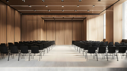 Conference hall with wooden wall paneling and rows of black chairs. Event planning space. 3D Rendering