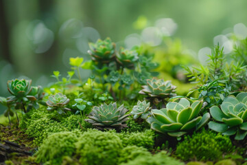 A lush green garden with many different types of plants, including succulents. The plants are growing on a mossy log, giving the garden a natural and serene atmosphere - Powered by Adobe